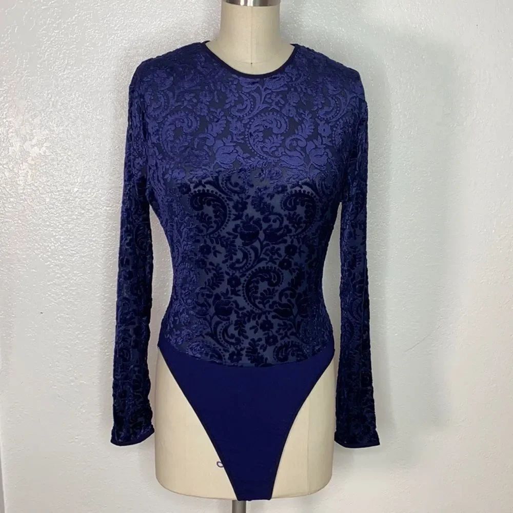 Vintage Ann Taylor blue crushed velvet damask one piece 90s Y2K bodysuit L